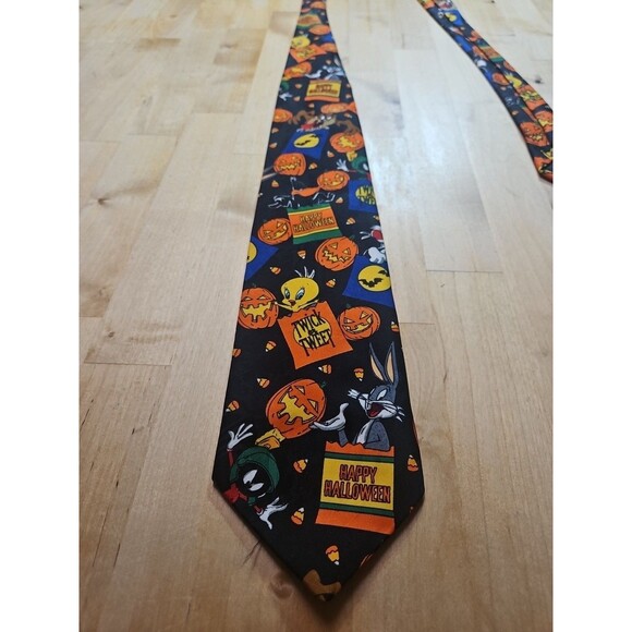 Vintage Looney Tunes Halloween Neck Tie Bugs Bunny Daffy Duck Taz Pumpkins - Picture 2 of 10